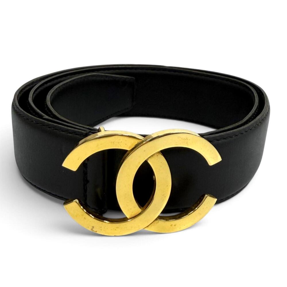 CHANEL Vintage Coco Mark Leather Belt, Black with Gold Hardware, Size 65 (26)...